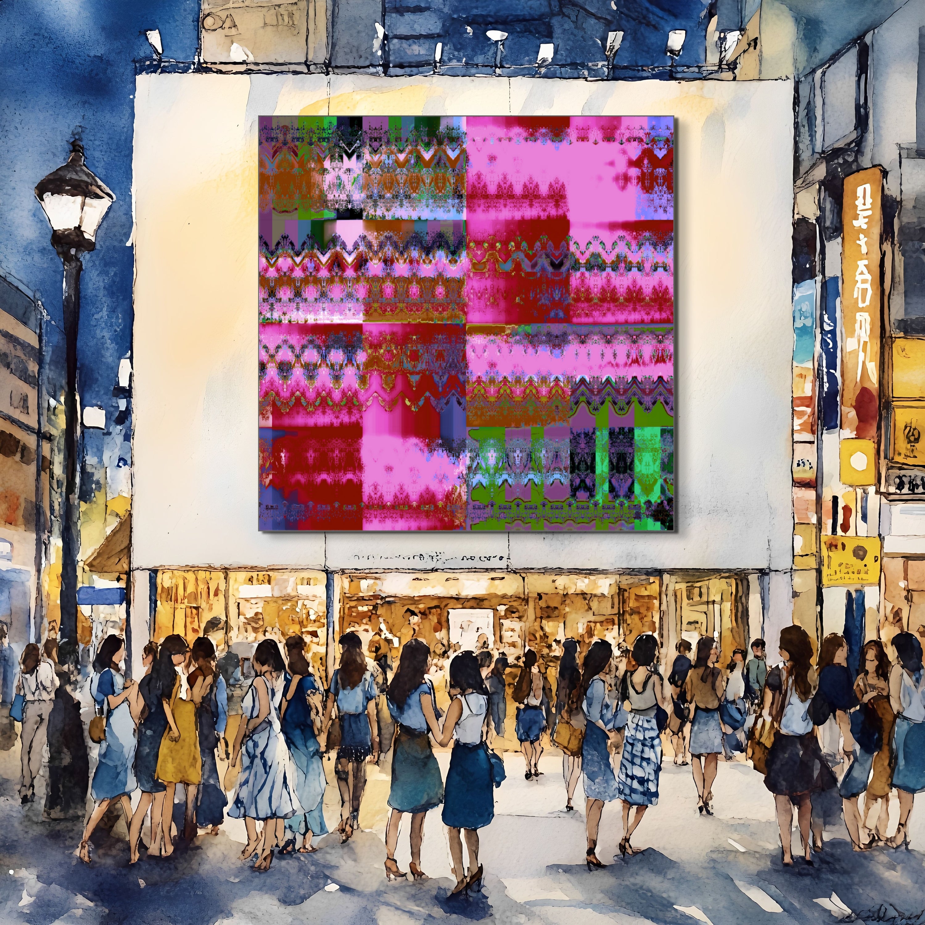 A bustling city street at night with crowds walking beneath a large, brightly lit Billboard featuring Beau Monet’s Christmas Cake, illuminated in festive pink, purple, green, and red geometric patterns.