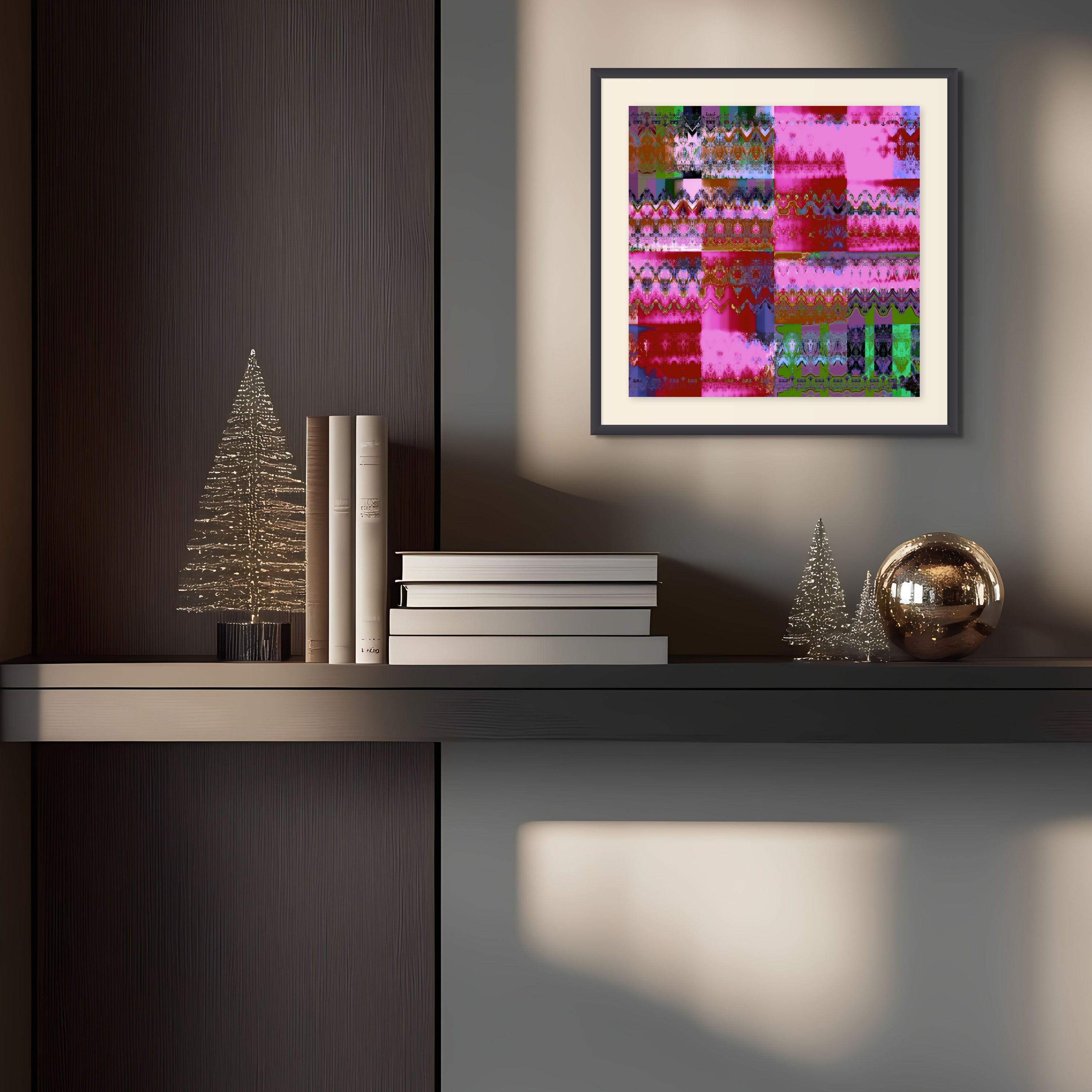 A Beau Monet Christmas Cake sits atop a modern shelf, with sunlight casting soft shadows across the festive dessert.