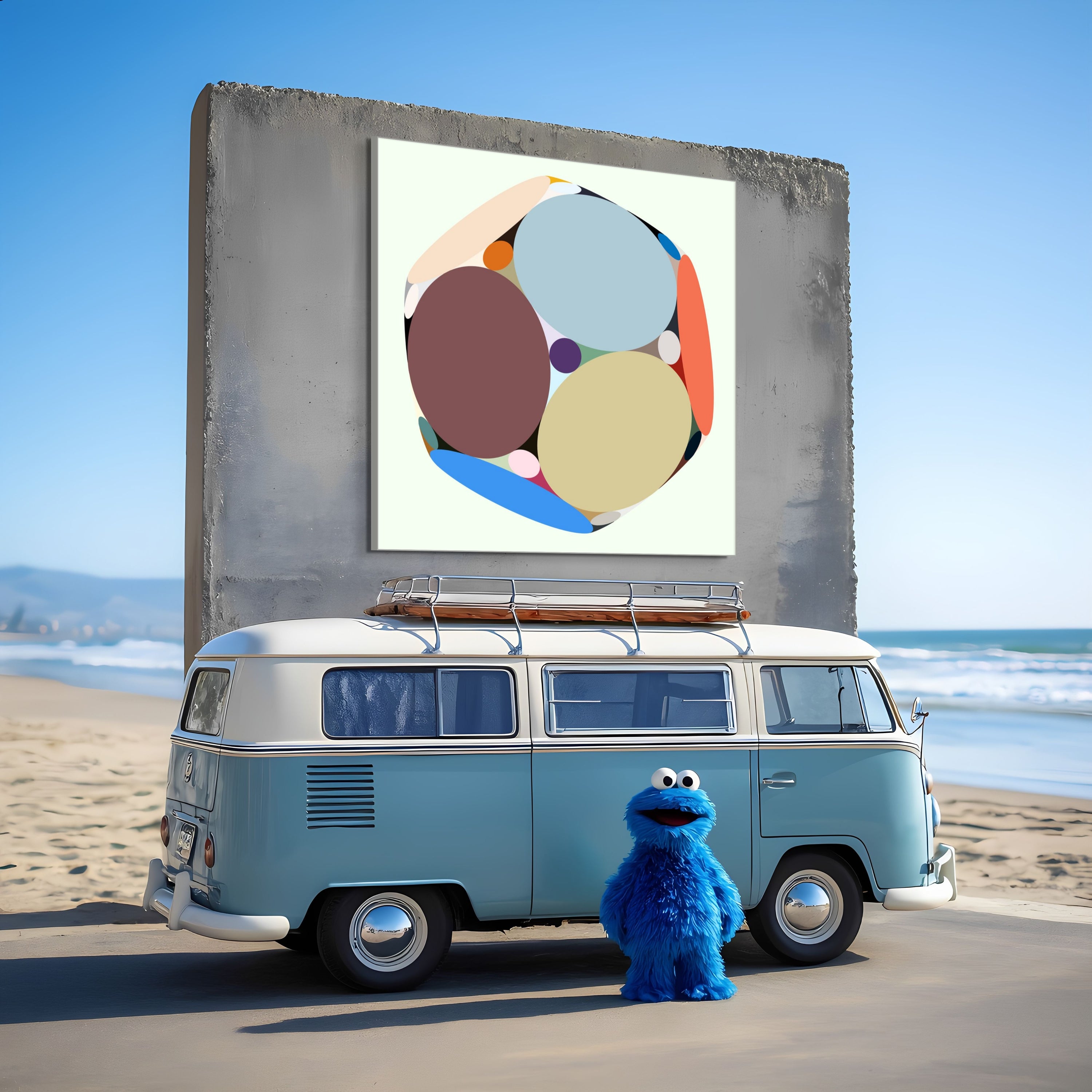 A blue puppet stands beside a Beau Monet Cosmic Cookie van on the beach. Behind them, a concrete wall decorated with colorful abstract circles pops against the clear sky and ocean in the background.