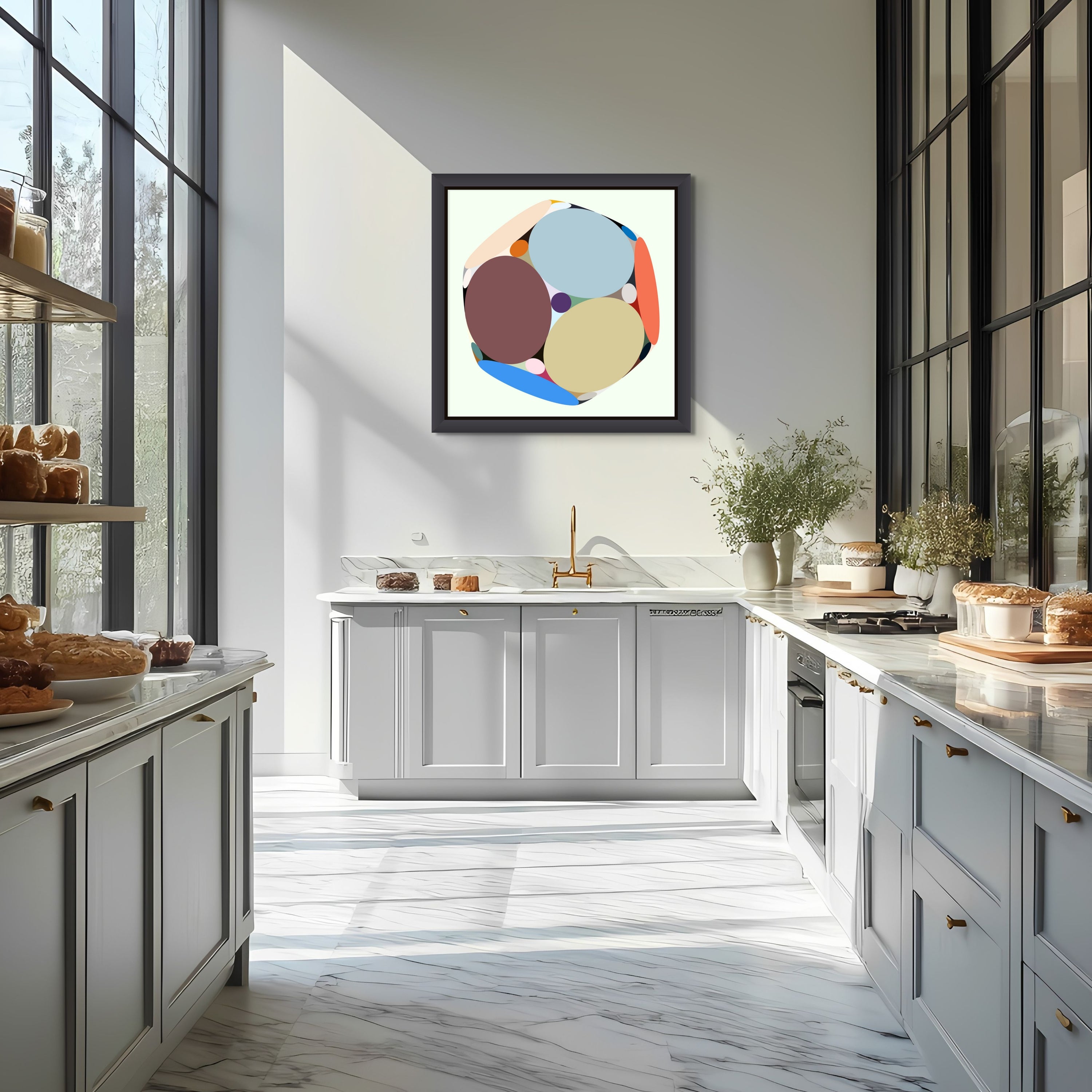 A bright, modern kitchen with light gray cabinets, marble counters, and sunlit windows features shelves of pastries and Cosmic Cookie by Beau Monet—a Modern Geometric Abstraction painting—hanging above the sink.