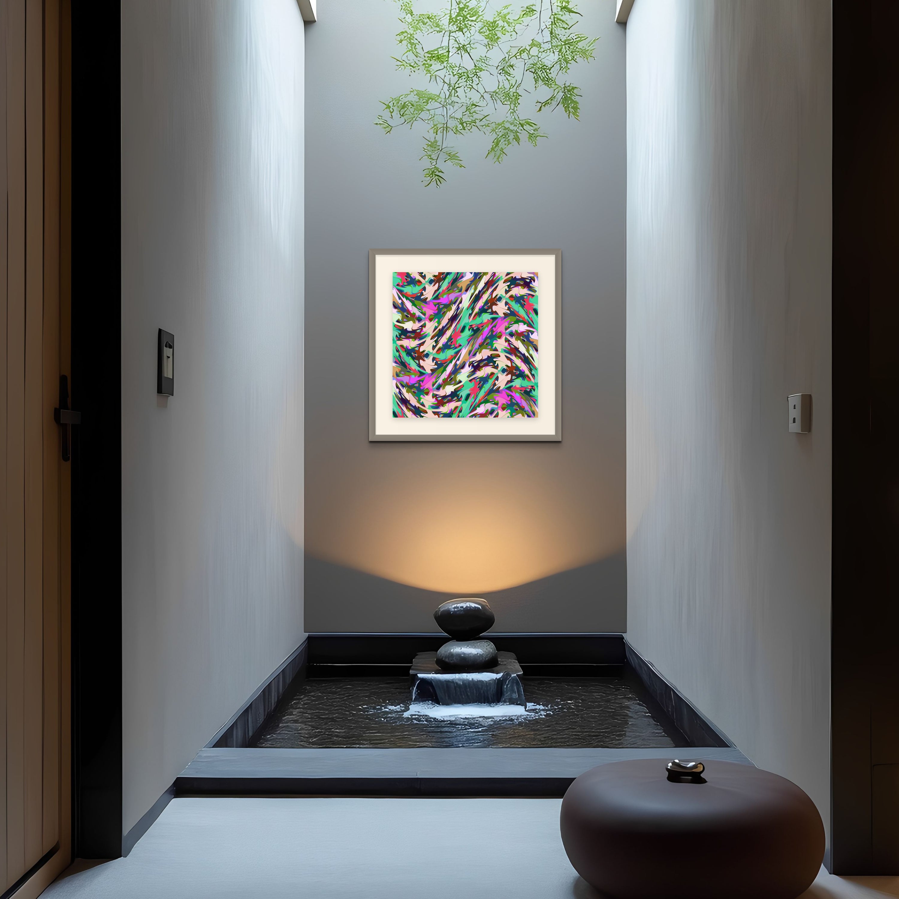 A modern hallway is brightened by Beau Monets Cuttlefish artwork, complemented by a pebble basin and small indoor fountain. A skylight overhead provides natural light, while cascading green leaves add freshness to the scene.