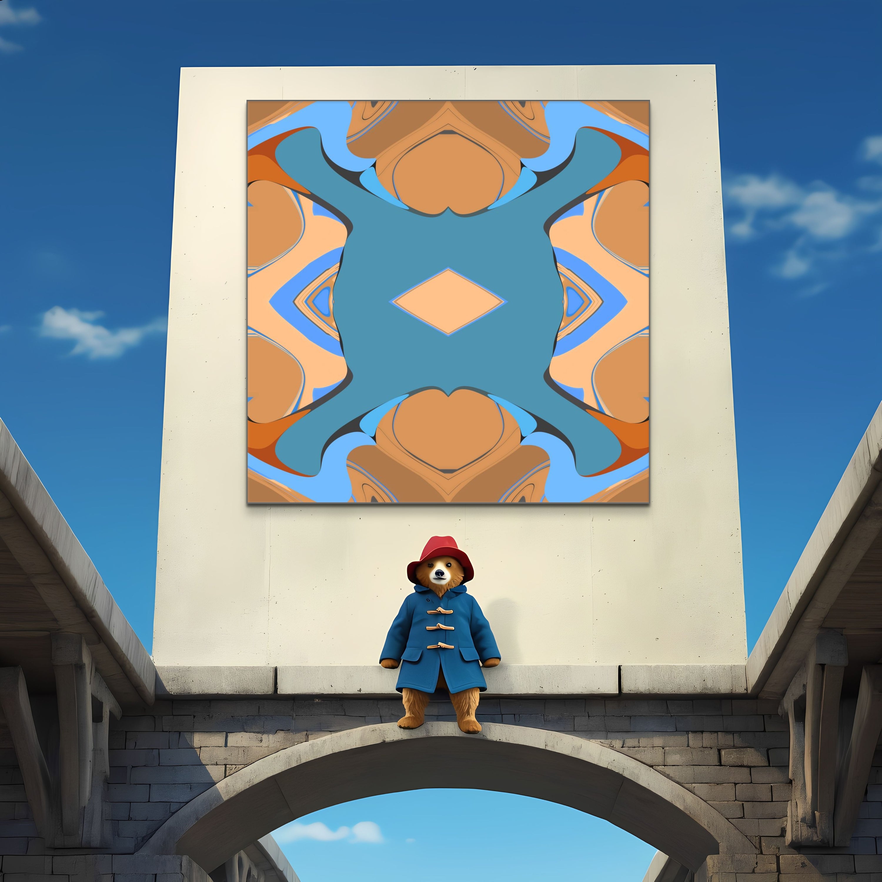 Paddington Goes Dark by Beau Monet features a teddy bear in a blue coat and red hat standing on a stone bridge, beneath an abstract painting with orange, blue, and beige shapes against the sky.