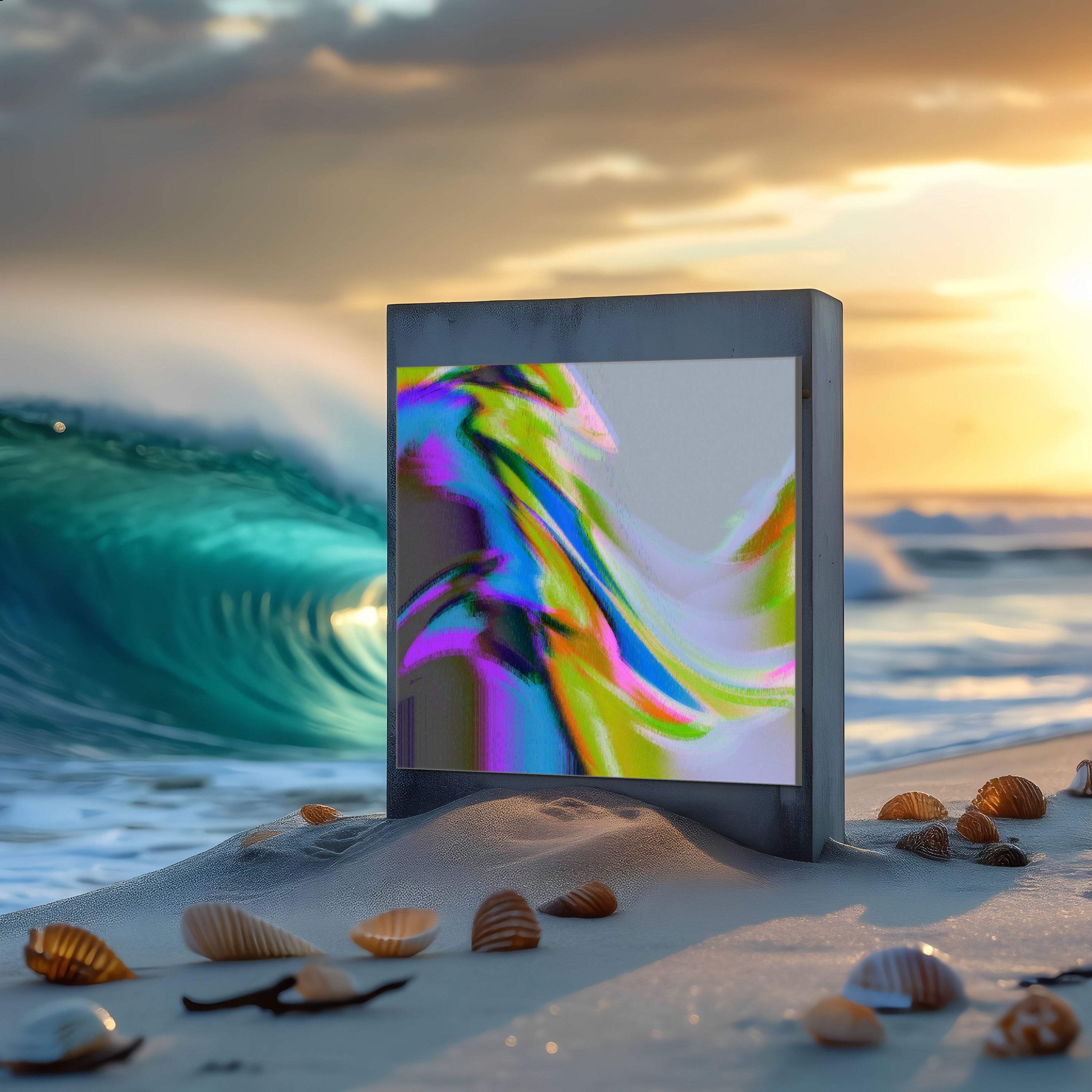 A Beau Monet Dawn Patrol digital screen showcases vibrant abstract art on a sandy beach with seashells, ocean waves, and a striking sunset sky in the background.