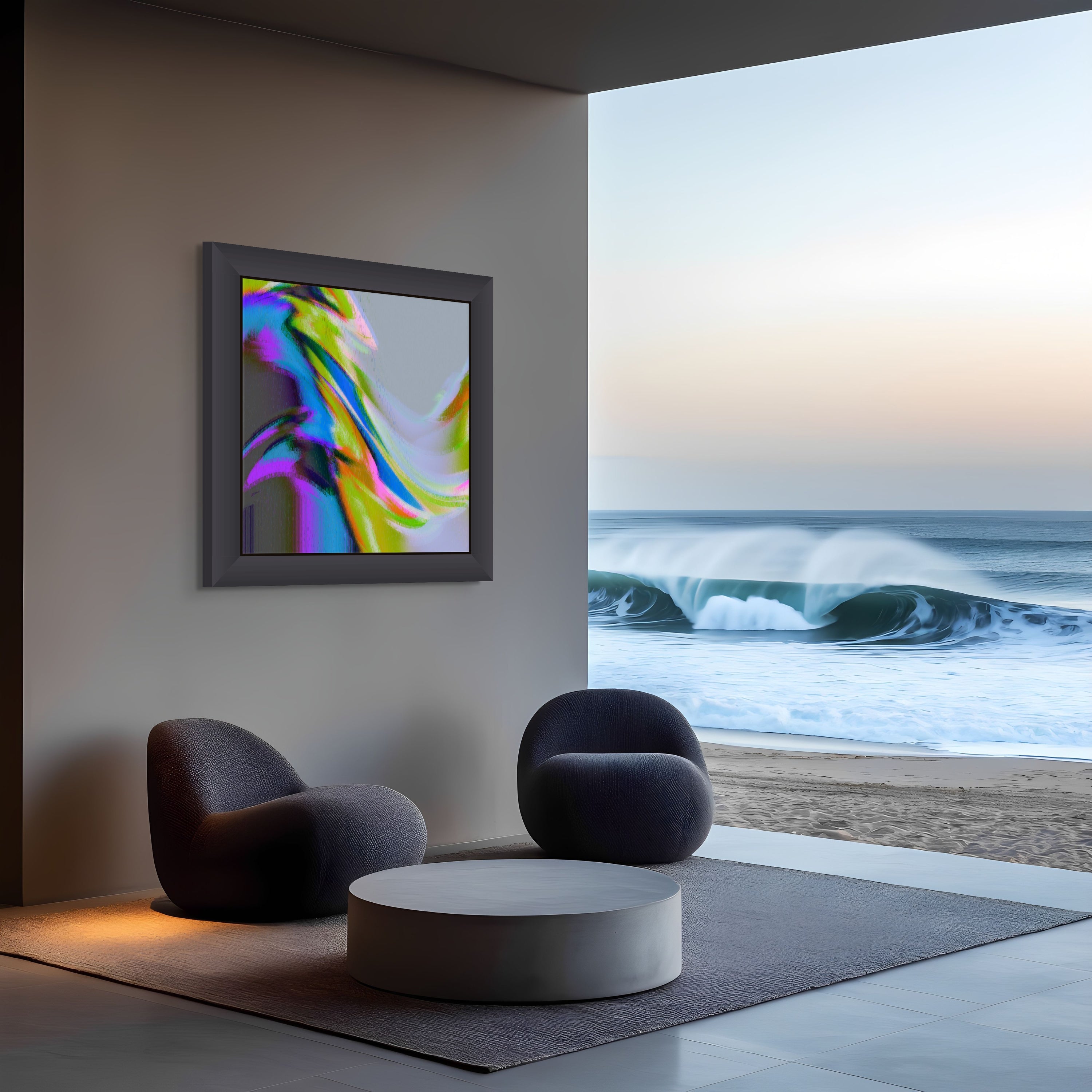 A modern, minimalistic room with two dark chairs and a round table overlooks waves on a sandy beach. Dawn Patrol by Beau Monet, a vibrant piece of modern wall art, hangs on the wall near a large open window.