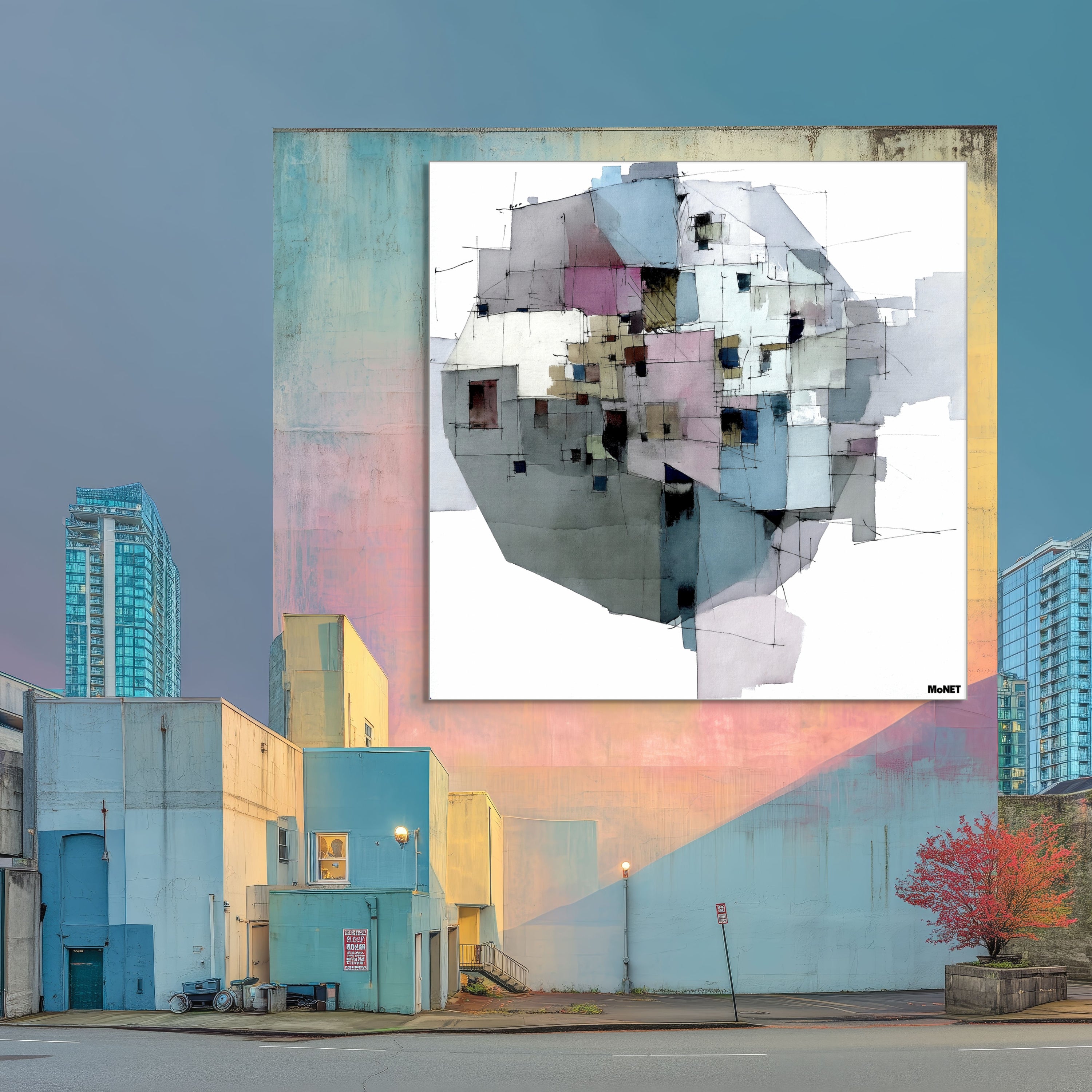 The Downtown Dew mural by Beau Monet features large abstract geometric shapes in muted colors on a pastel building, set in an urban area with high-rises and a pink-leaved tree in the background.