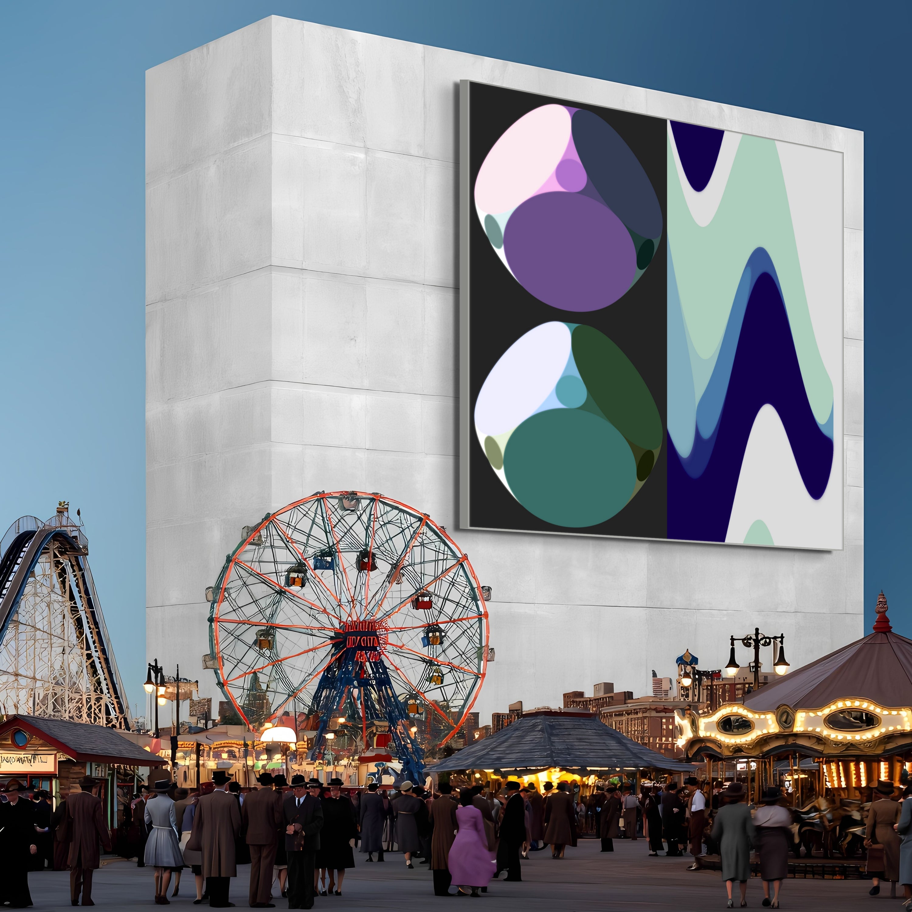 A crowd gathers at an amusement park with a Ferris wheel, carousel, and Beau Monet’s Euclids Dogma—a modern building featuring geometric abstract art with subtle luminescence—under a clear evening sky.