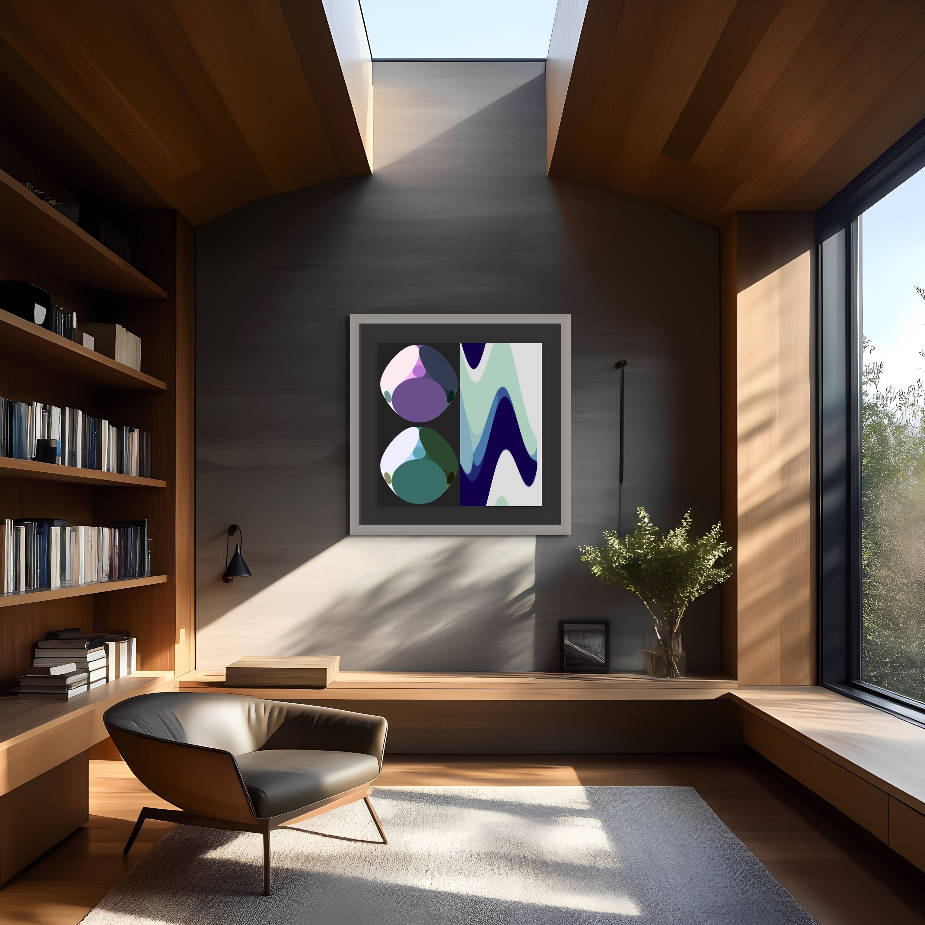A modern reading nook with wood-paneled walls, built-in shelves, and a lounge chair features Euclids Dogma by Beau Monet—an abstract artwork with bold shapes—displayed above a small plant near a large window.