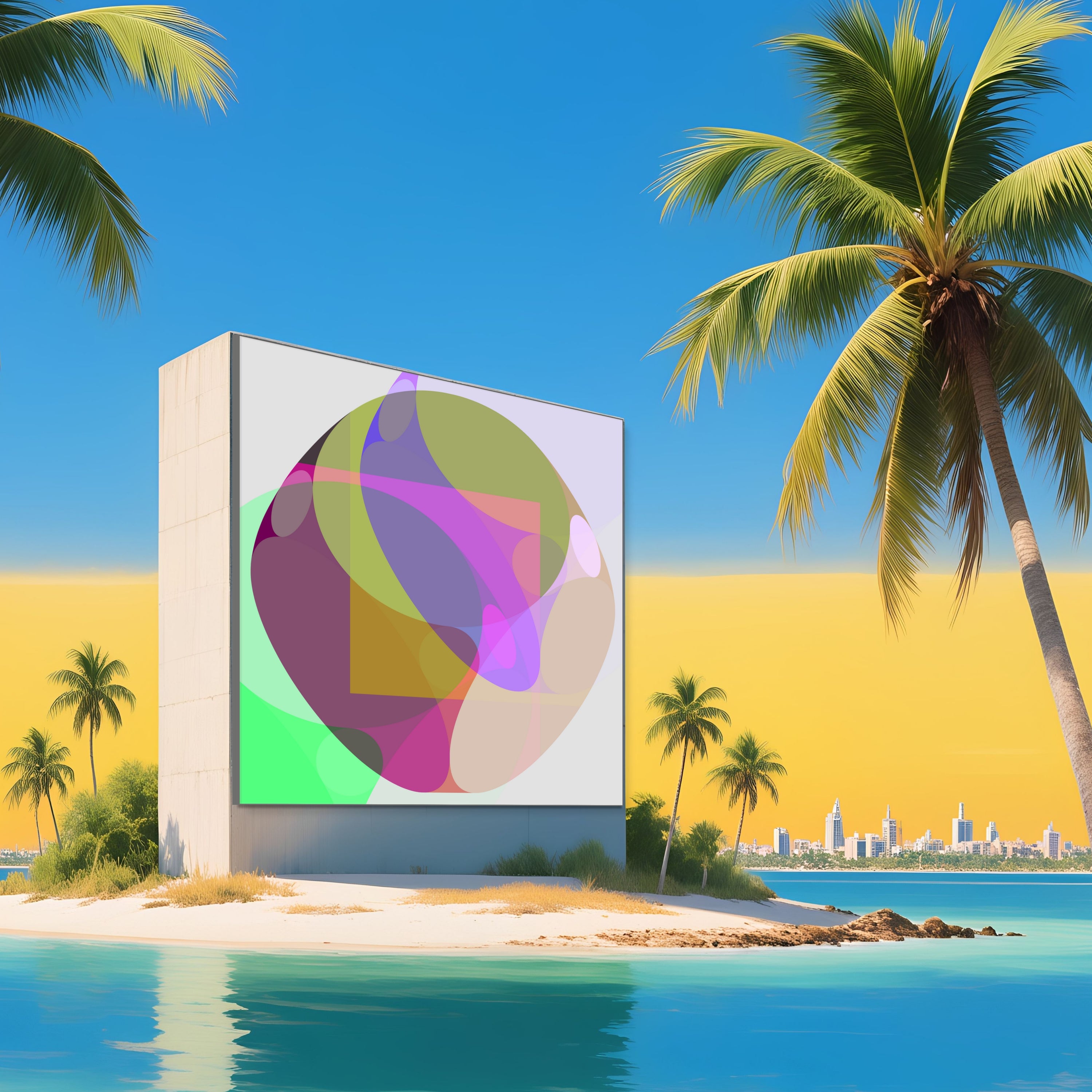 Experience Hemingways Cuba by Beau Monet: a large abstract digital billboard on a sandy palm-fringed island, surrounded by clear blue water and a vibrant sky, blending modern luxury with a distant city skyline.