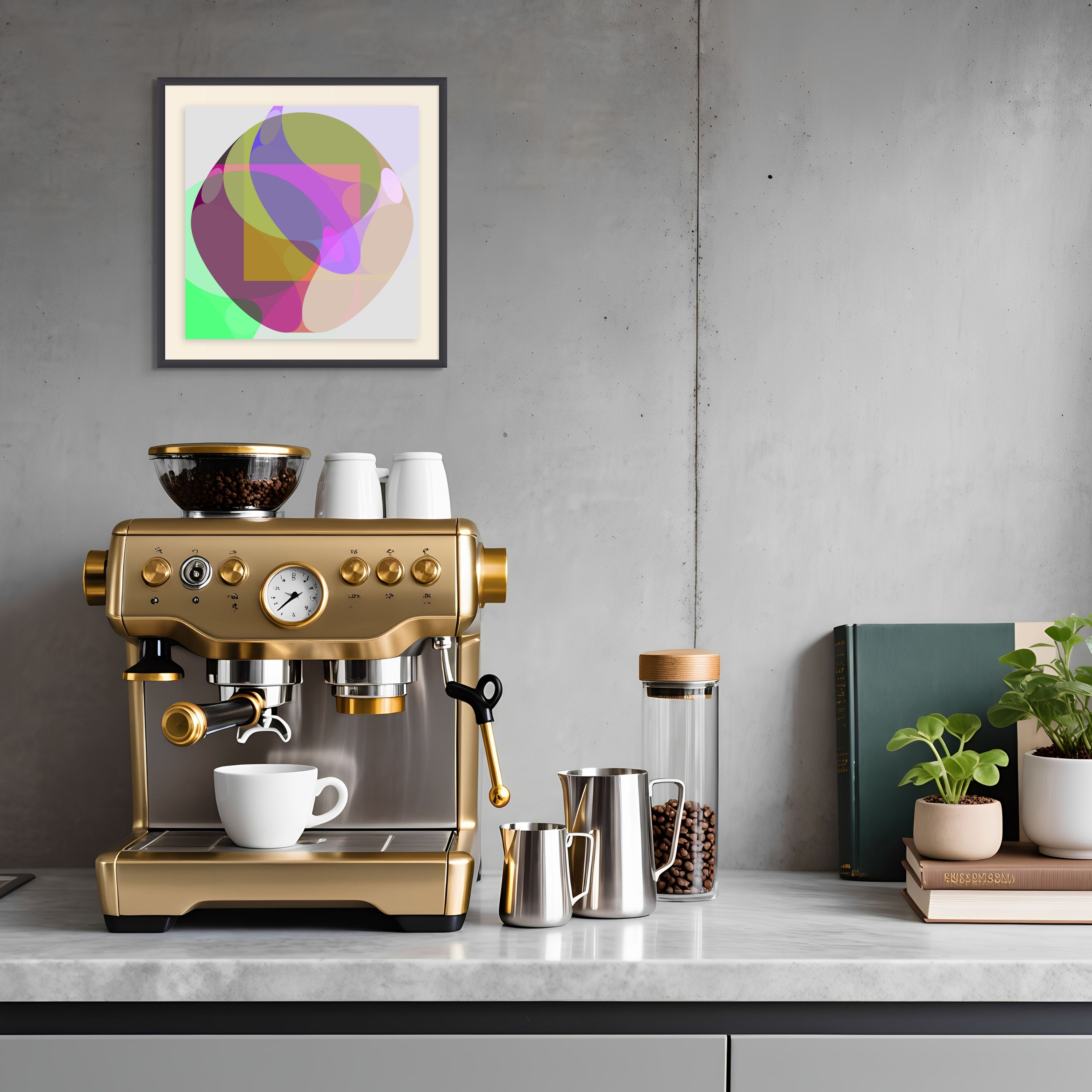 The Beau Monet Hemingways Cuba gold espresso machine with cup, milk frother, and jars sits on a modern kitchen counter—coffee beans, books, and plants add luxe touches. An abstract digital artwork hangs on the gray wall above.