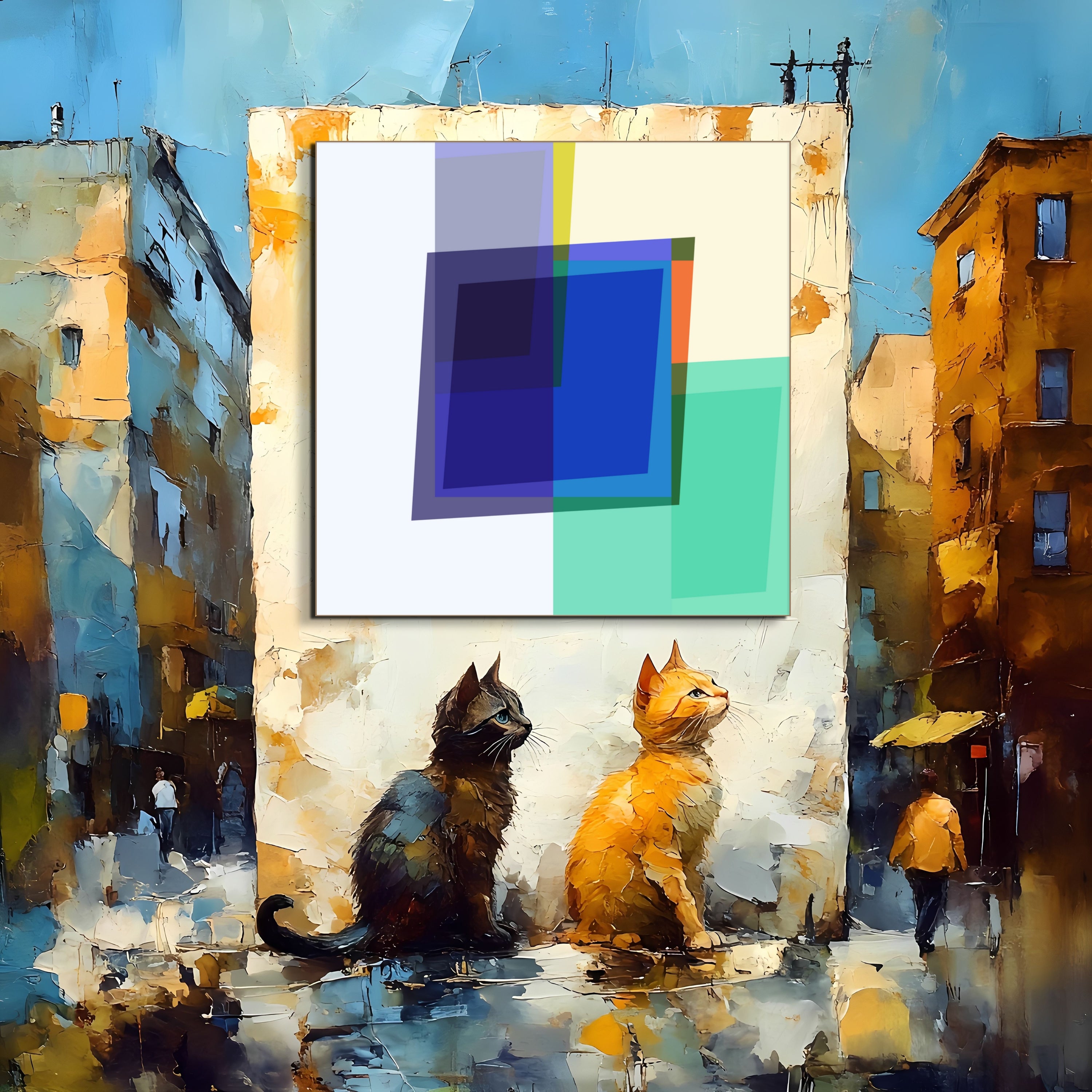Two cats, one black and one orange, sit back to back before the Super Ego modern art by Beau Monet—colored squares brightening a city street framed by warm-toned buildings.