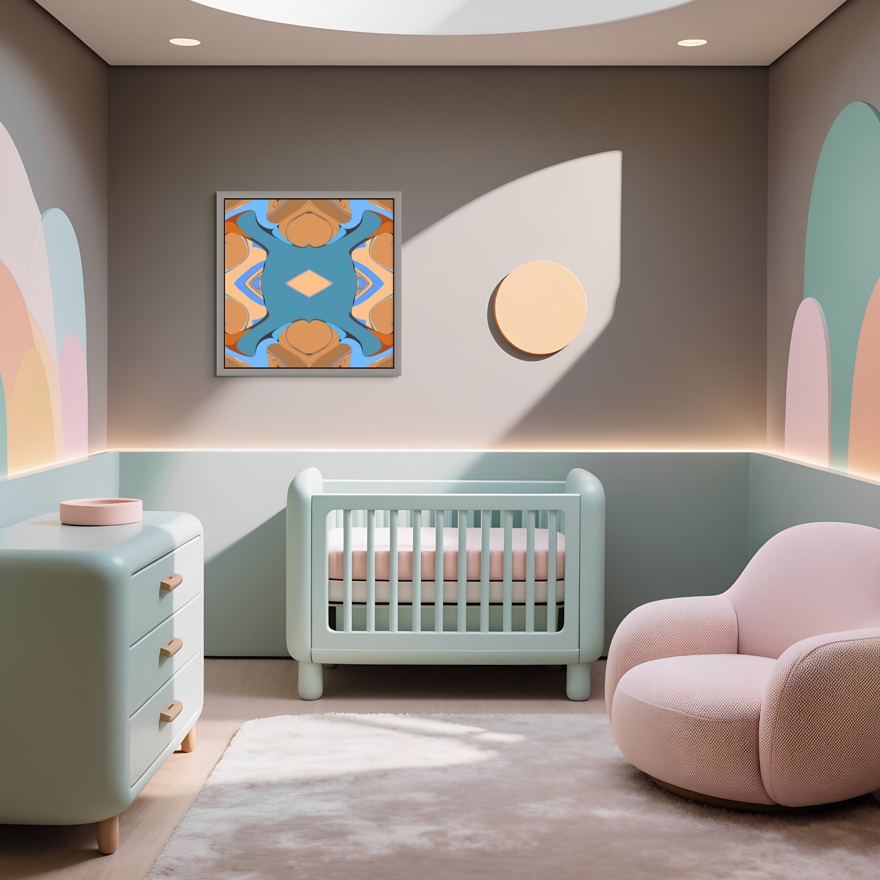 A stylish nursery with pastel furniture and a cushy chair features Paddington Goes Dark wall art by Beau Monet, soft geometric designs, abstract artwork, and round decor—creating a serene, modern atmosphere for your home.