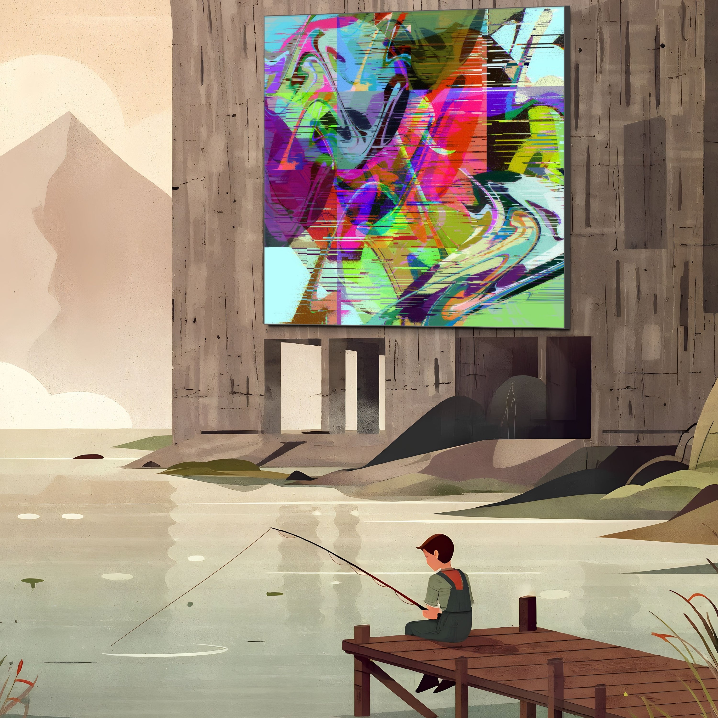 A child sits fishing on a wooden dock by a calm lake, gazing at Beau Monets Seeking Something Missing, a colorful abstract artwork displayed on a large concrete building with mountains and greenery in the background.