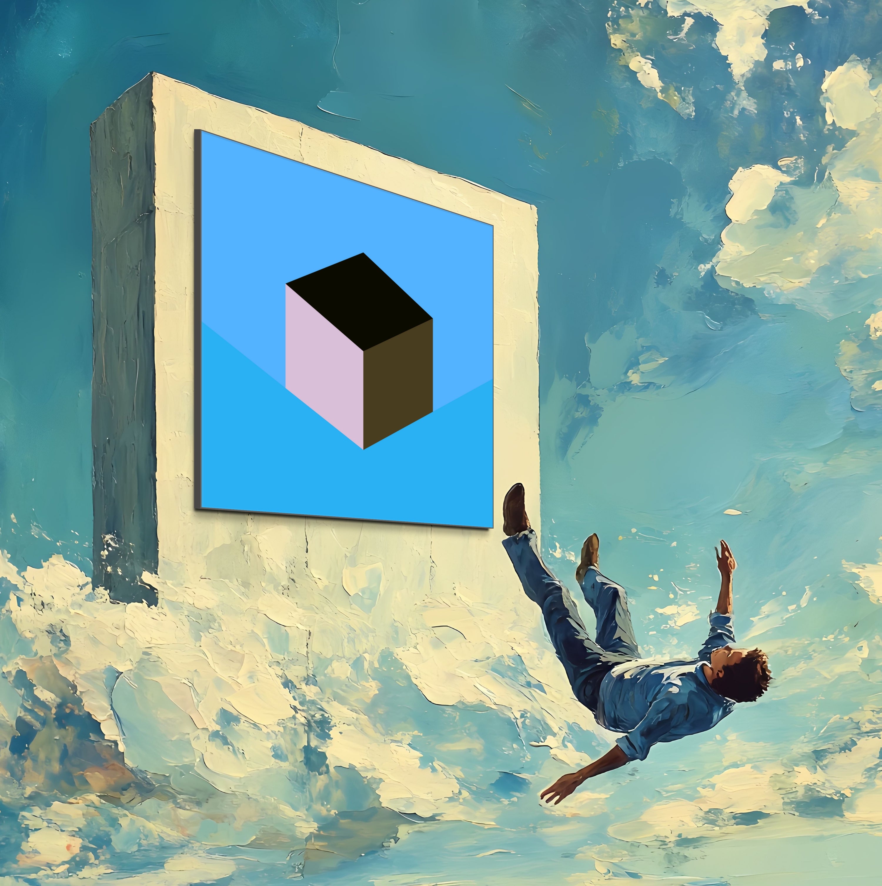 A man in casual clothes falls backward through a surreal sky toward a floating frame showing Beau Monet’s Self-Control—a blue abstract cube artwork.