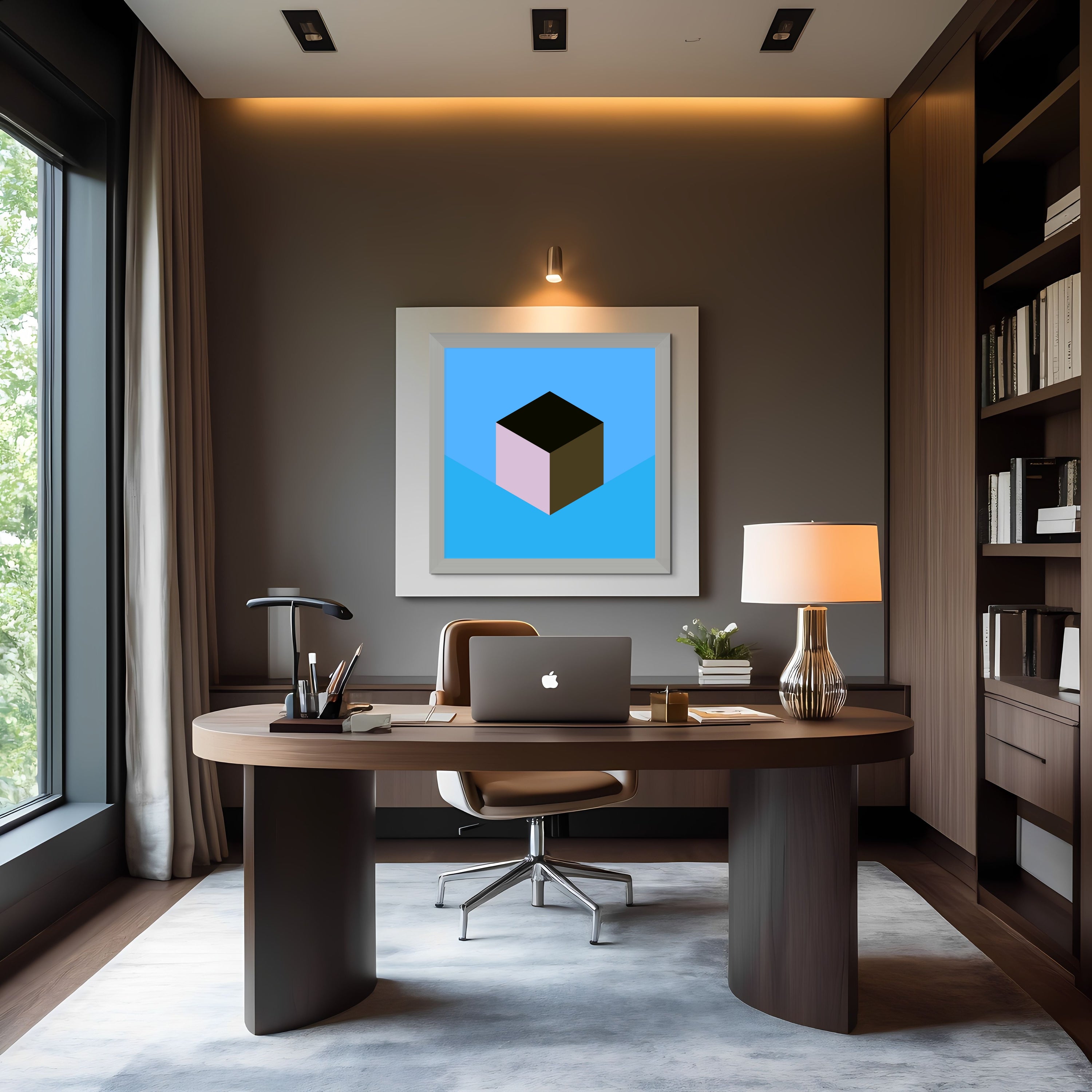 A modern home office features the Self-Control wall art by Beau Monet on dark walls, paired with a large wooden desk, laptop, desk lamp, beige chair, shelves of books to the right, and a window to the left that fills the space with natural light.