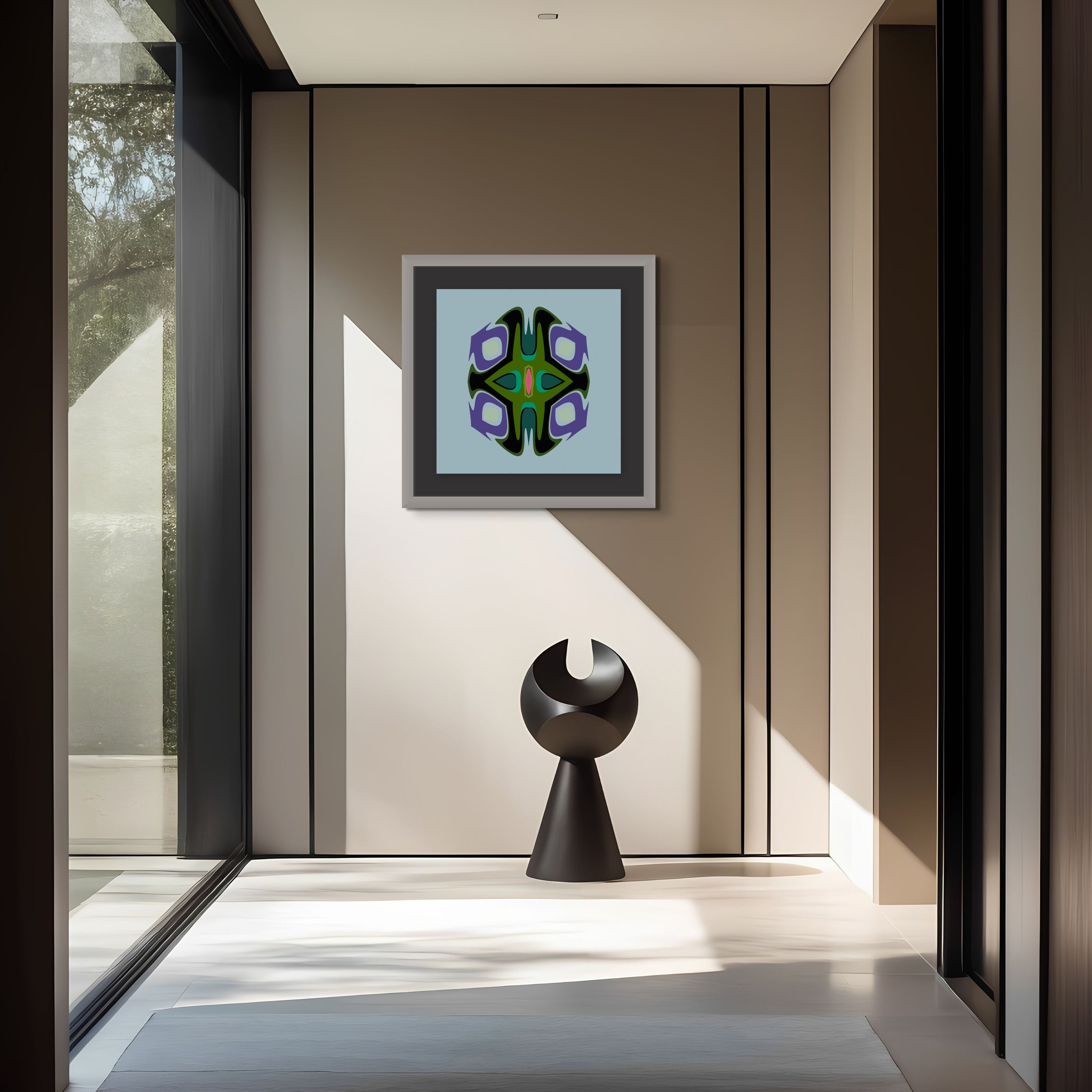 In a modern hallway with sunlight streaming in, the Beau Monet Sigma geometric abstract wall art is displayed above a black sculptural chair with a circular cutout. Large glass windows line the left side.