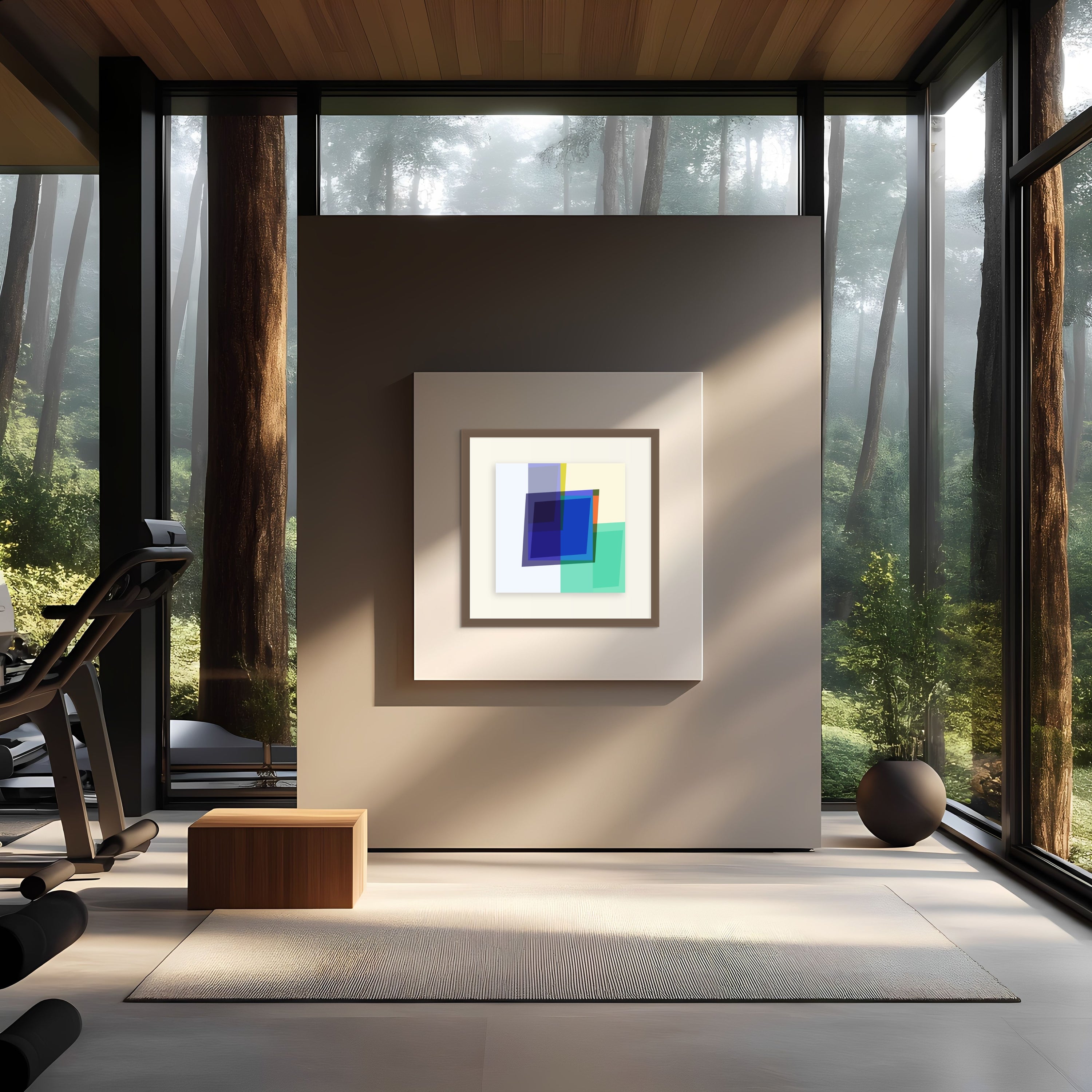 A modern home gym with large forest-view windows, featuring Super Ego by Beau Monet as geometric abstract wall art on the central wall, along with exercise equipment and minimalist decor.