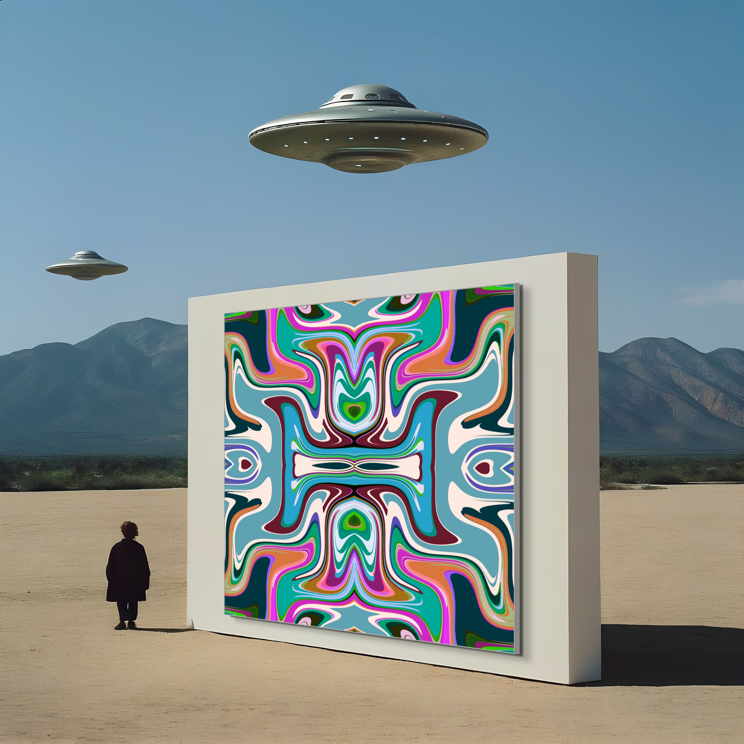 In a desert, a person admires Beau Monet’s Surprise Me Gus, a vivid abstract painting on a white frame, while two UFOs hover above and mountains loom in the background.