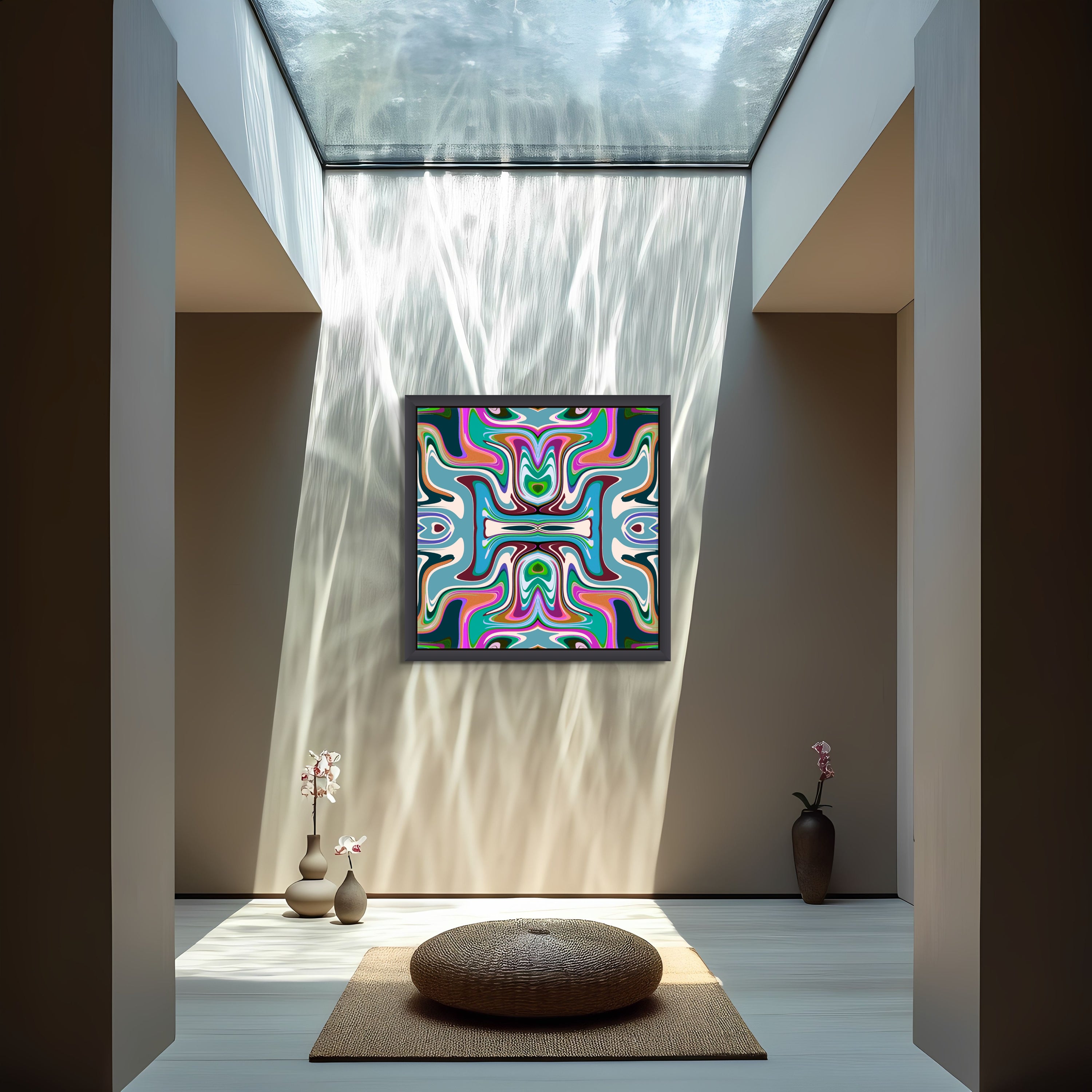 A sunlit minimalist room features Beau Monets Surprise Me Gus, vibrant wall art, a round floor cushion, and two small vases with orchids. Sunlight casts dynamic patterns on the walls.