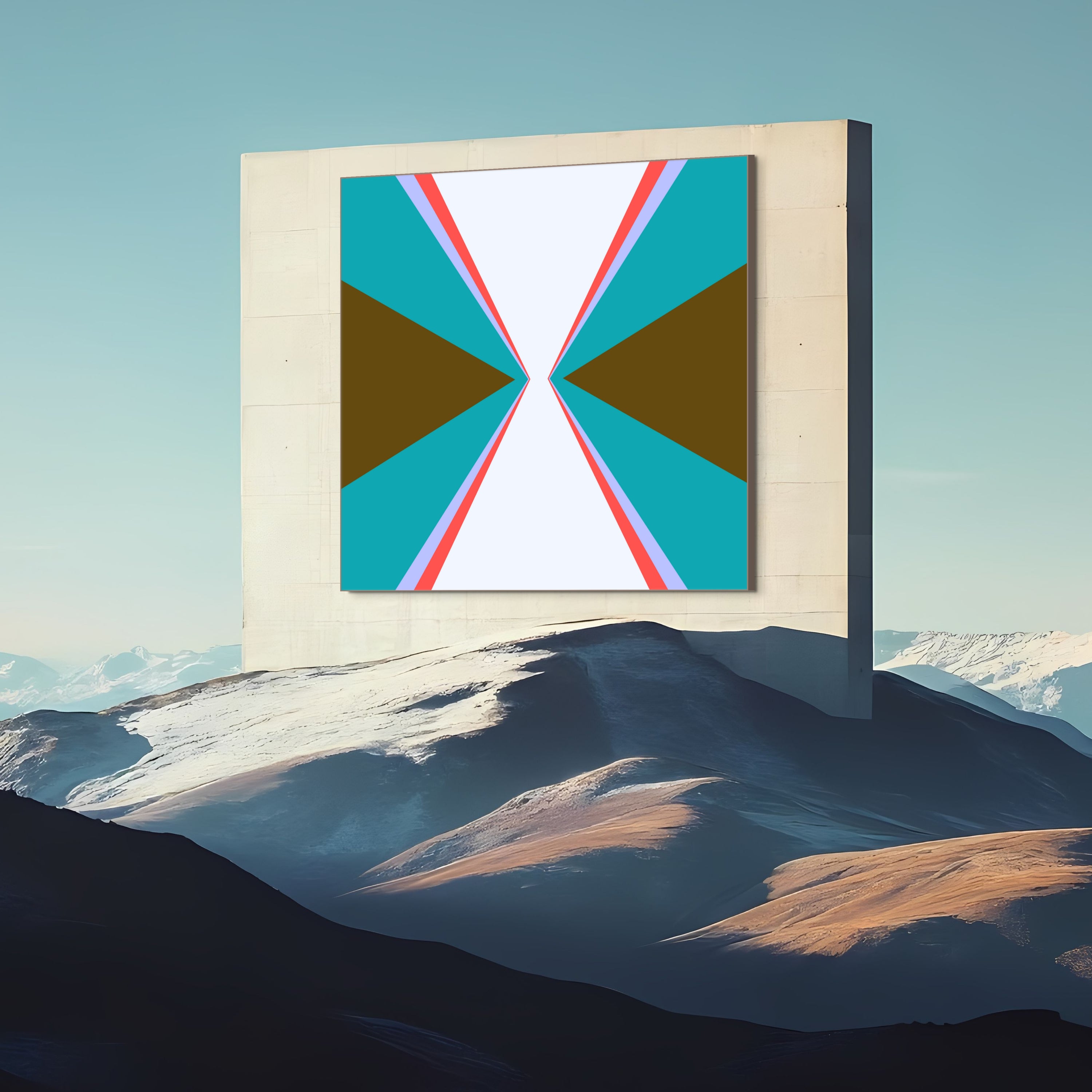 Time by Beau Monet, a large geometric abstract painting with bold colors and converging lines, is displayed on a sleek rectangular structure set among snow-capped mountains beneath a clear sky.